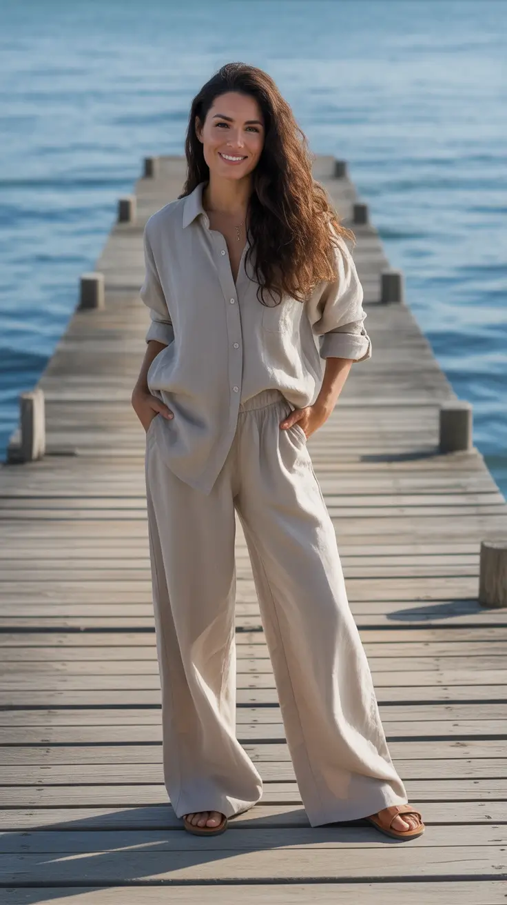 Cozy Spring Vacation Outfits 2026 Neutral Linen Set For Dockside Evenings