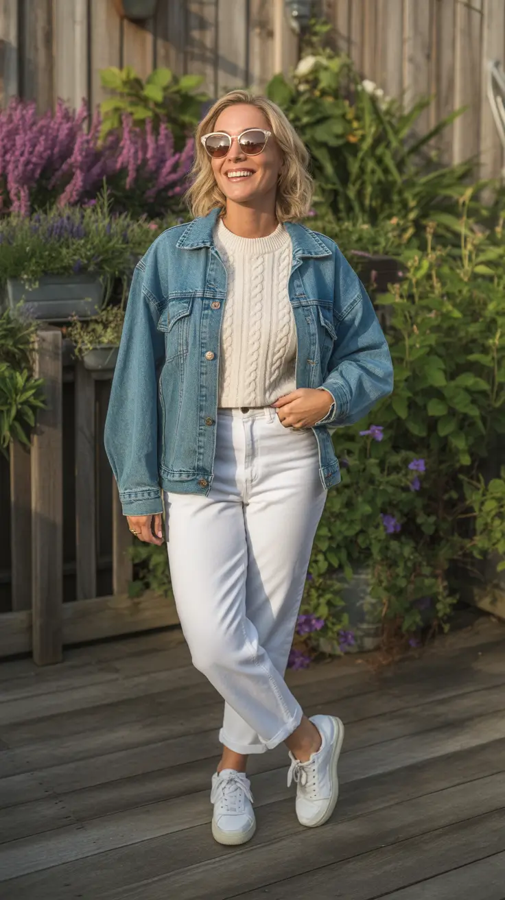 cozy spring vacation outfits 2026 Denim Jacket And Cable Knit For Crisp Spring Walks