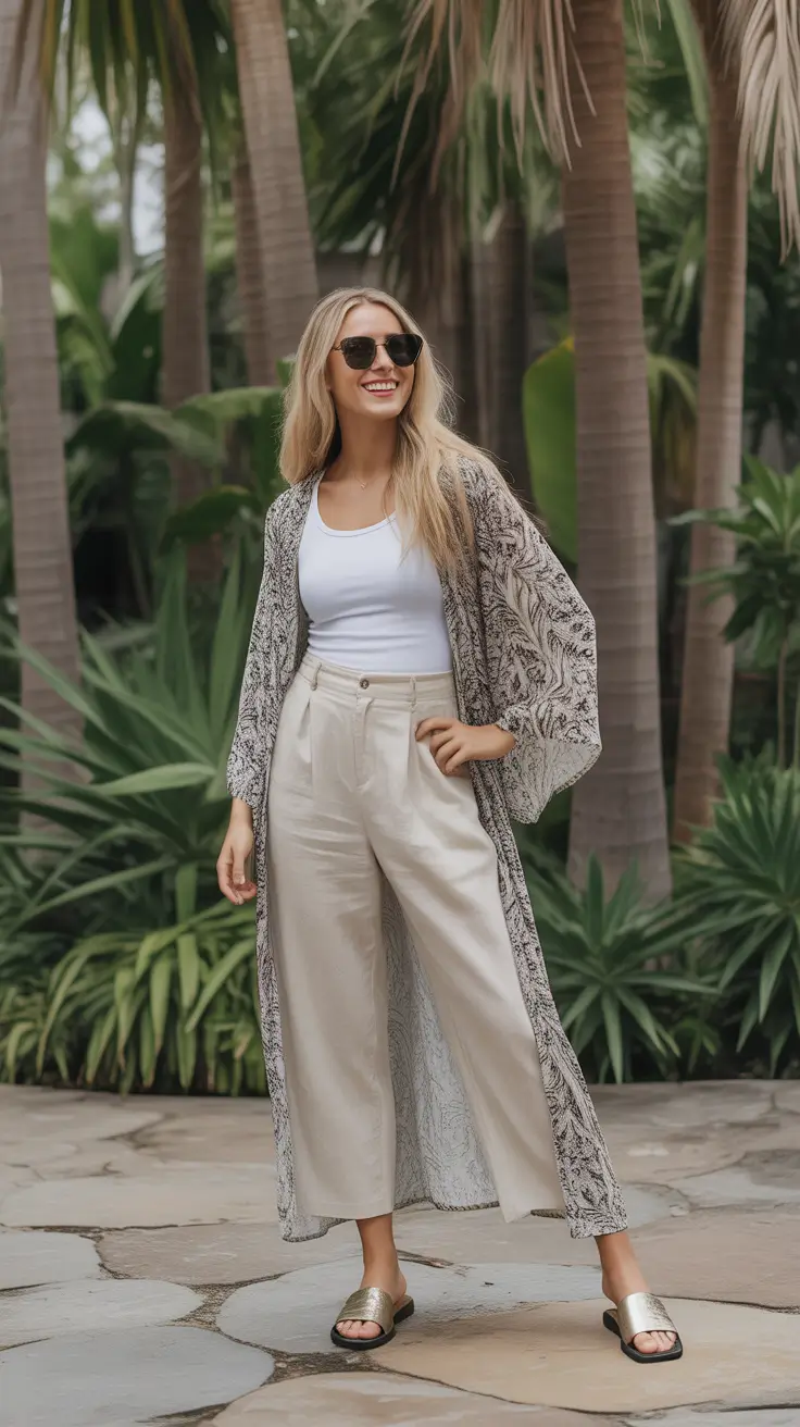 cozy spring vacation outfits 2026 Printed Duster And Wide Leg Pants For Palm Tree Days