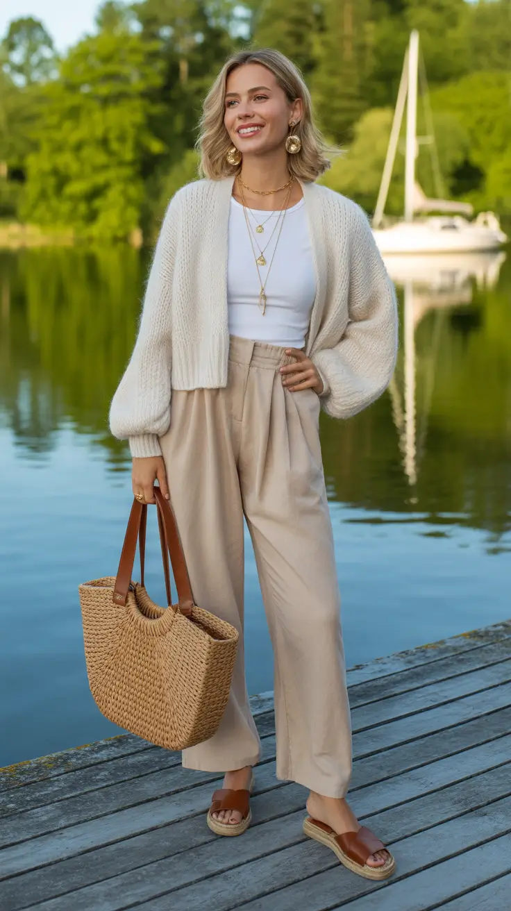 cozy spring vacation outfits 2026 Cropped Cardigan And Straw Tote For Lakeside Evenings