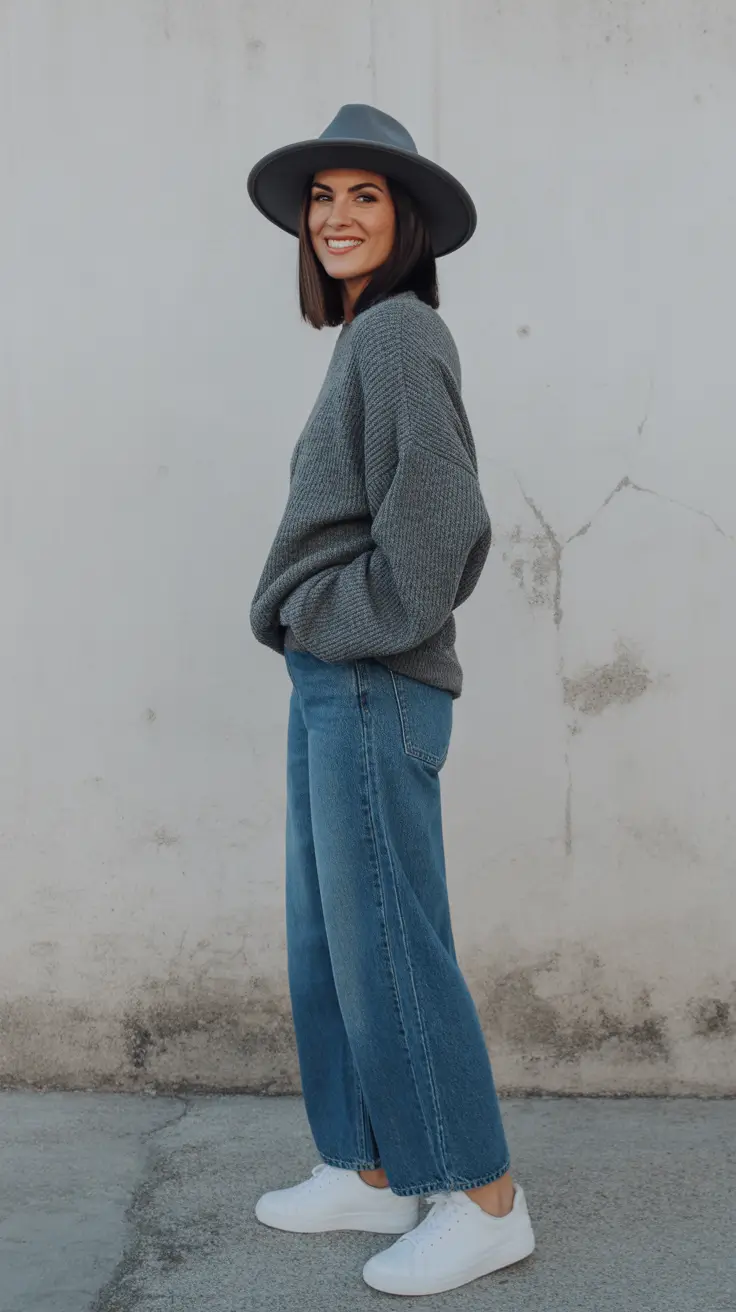 cozy spring vacation outfits 2026 Gray Sweater And Wide Leg Denim For Breezy Travel Days