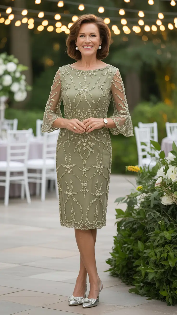 radiant spring wedding outfit 2026 - Olive Beaded Column Dress For A Twinkle-Light Reception