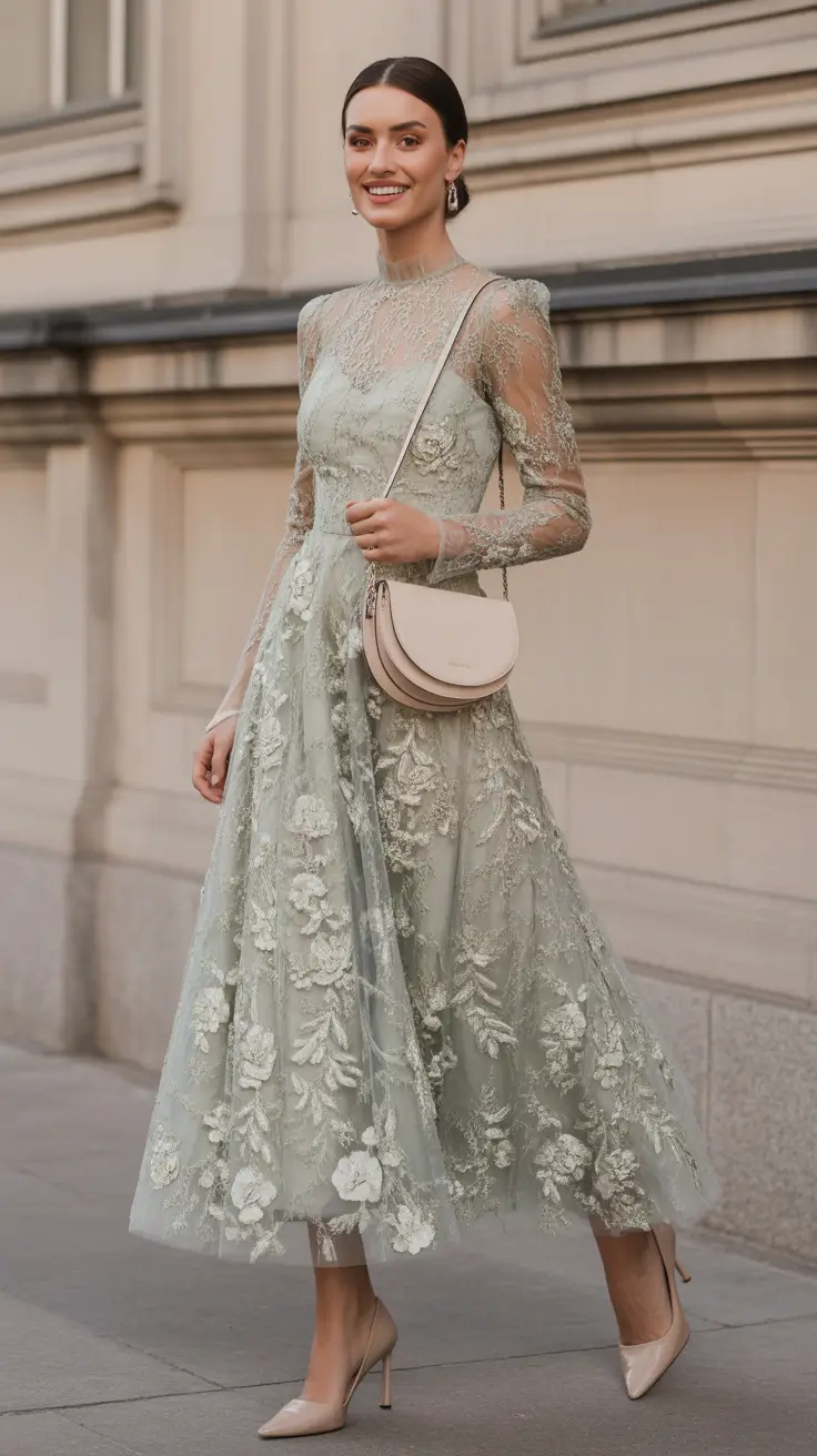 radiant spring wedding outfit 2026 - Sage Lace High Neck With A Modern Crossbody Twist