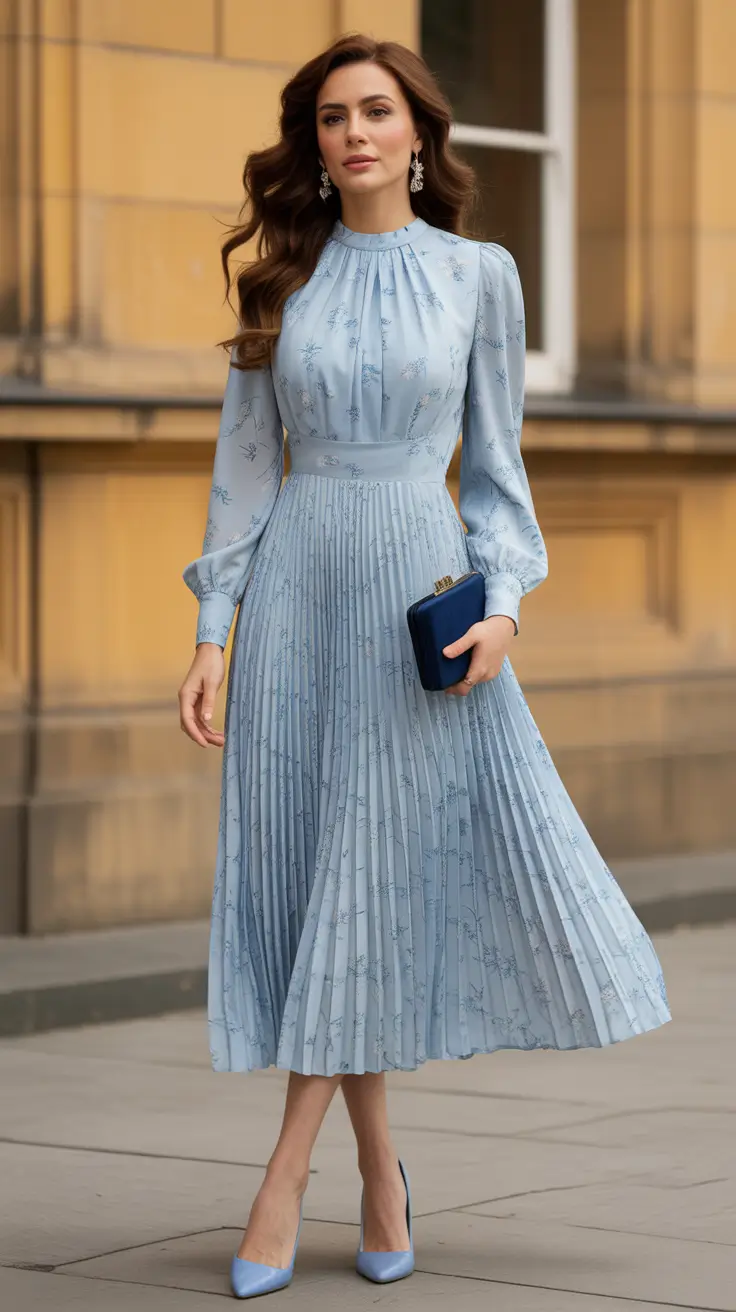 radiant spring wedding outfit 2026 - Powder Blue Pleated Midi With A Clean Structured Waist