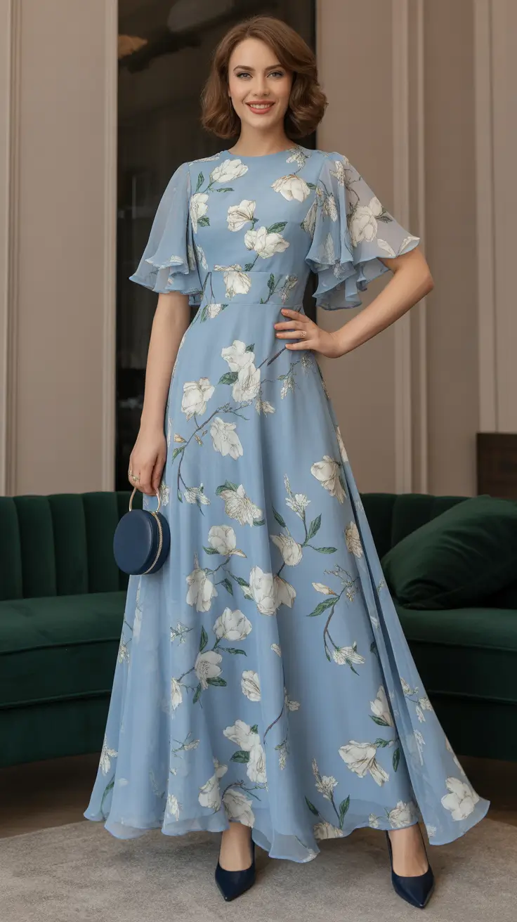 radiant spring wedding outfit 2026 - Sky Blue Maxi With Bold White Blossoms