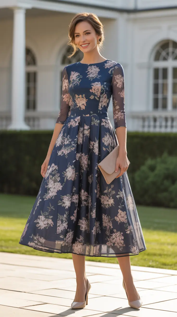 radiant spring wedding outfit 2026 - Navy Floral Fit And Flare With Sheer Sleeves
