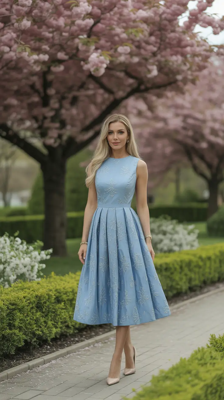 radiant spring wedding outfit 2026 - Sky Blue Jacquard Midi For A Polished Daytime Guest