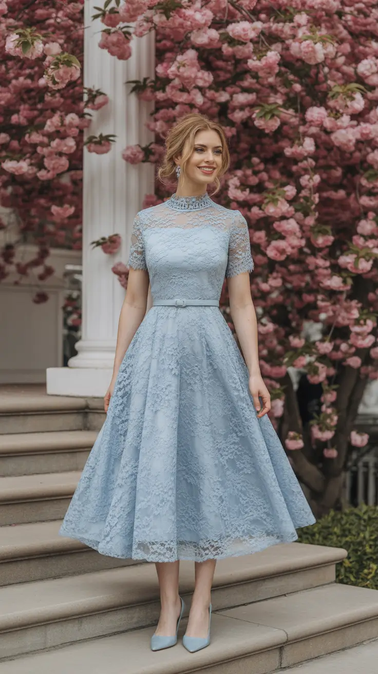 radiant spring wedding outfit 2026 - Powder Blue Lace With A High Neck And Timeless Grace