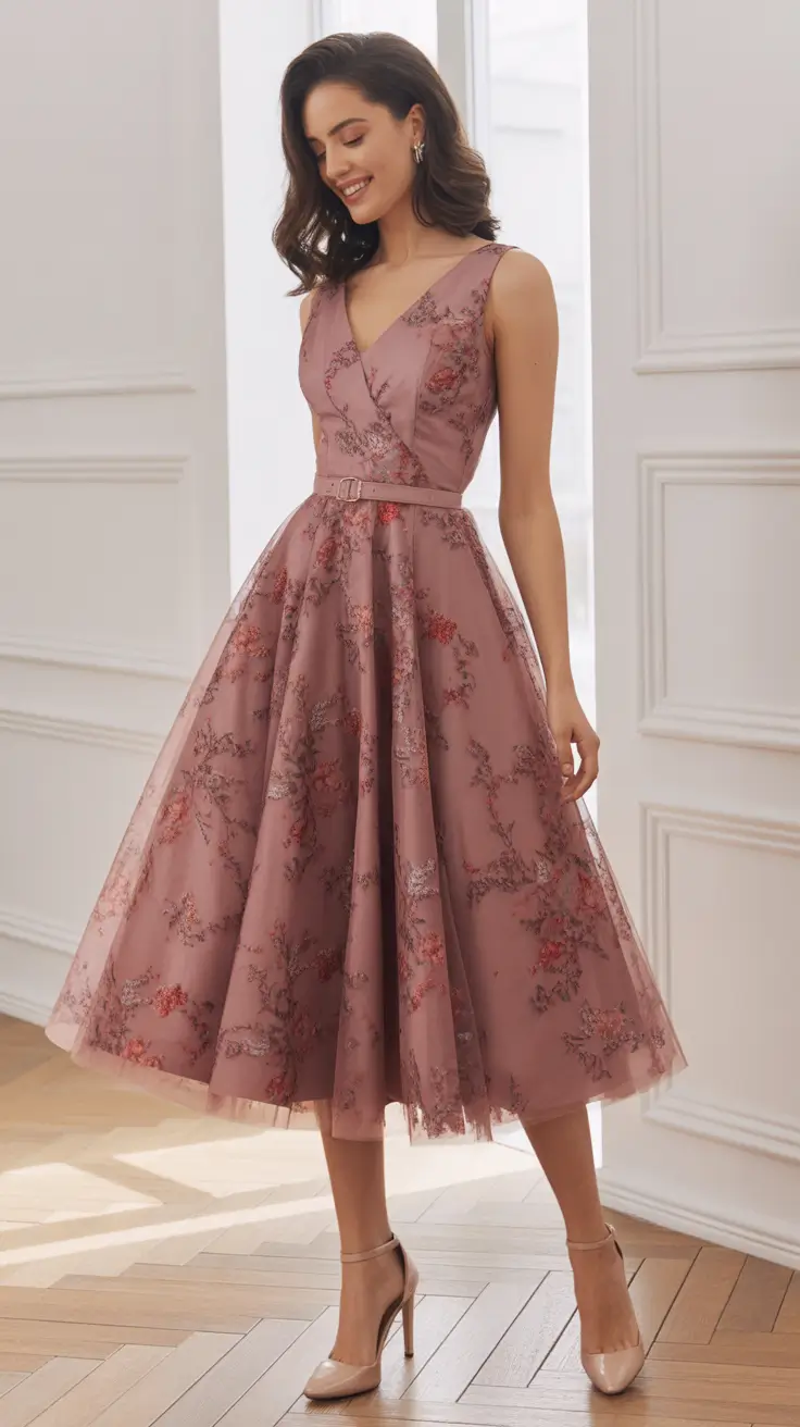 radiant spring wedding outfit 2026 - Mauve Tulle Wrap Midi That Feels Like A Soft Romance Movie
