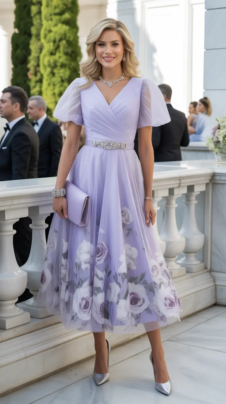 radiant spring wedding outfit 2026 - Lilac Puff Sleeves And A Floral Hem For A Glam Garden Guest