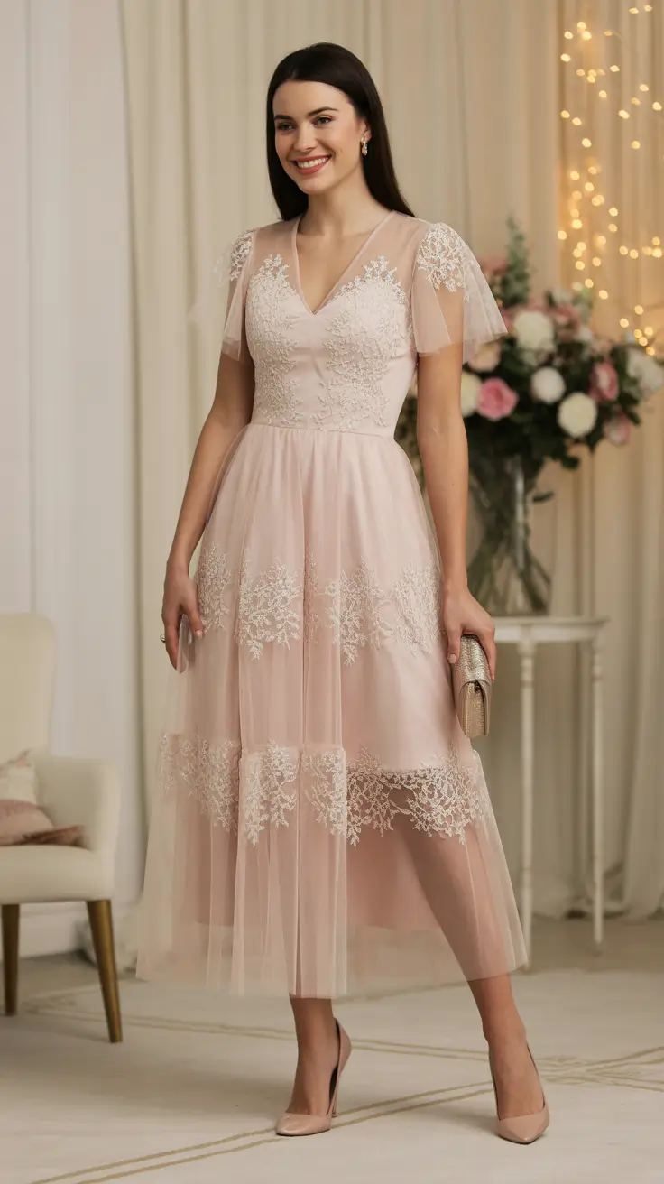radiant spring wedding outfit 2026 - Soft Blush Lace Midi With Modern Romance