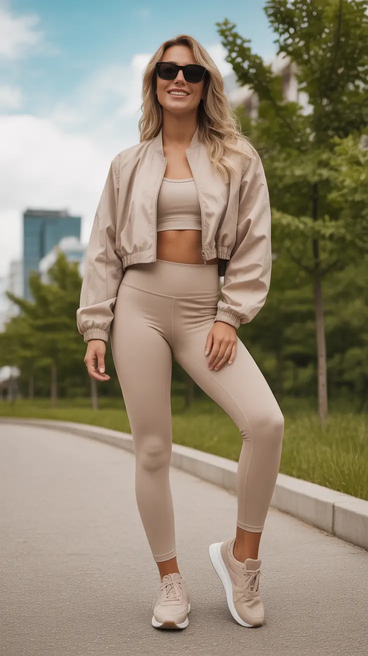 modern spring workout outfits 2026 Neutral Set With A Cropped Bomber For Breezy Park Days