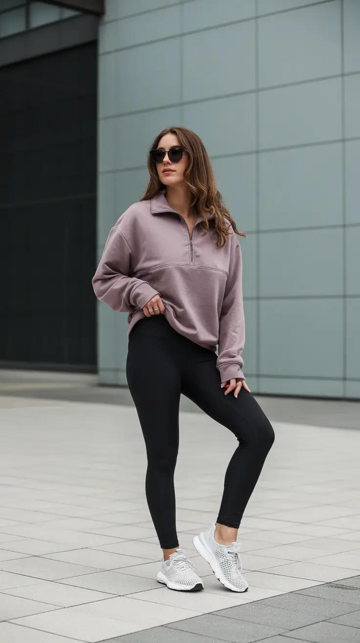 modern spring workout outfits 2026 - Mauve Half-Zip And Black Leggings For Off-Duty Cool