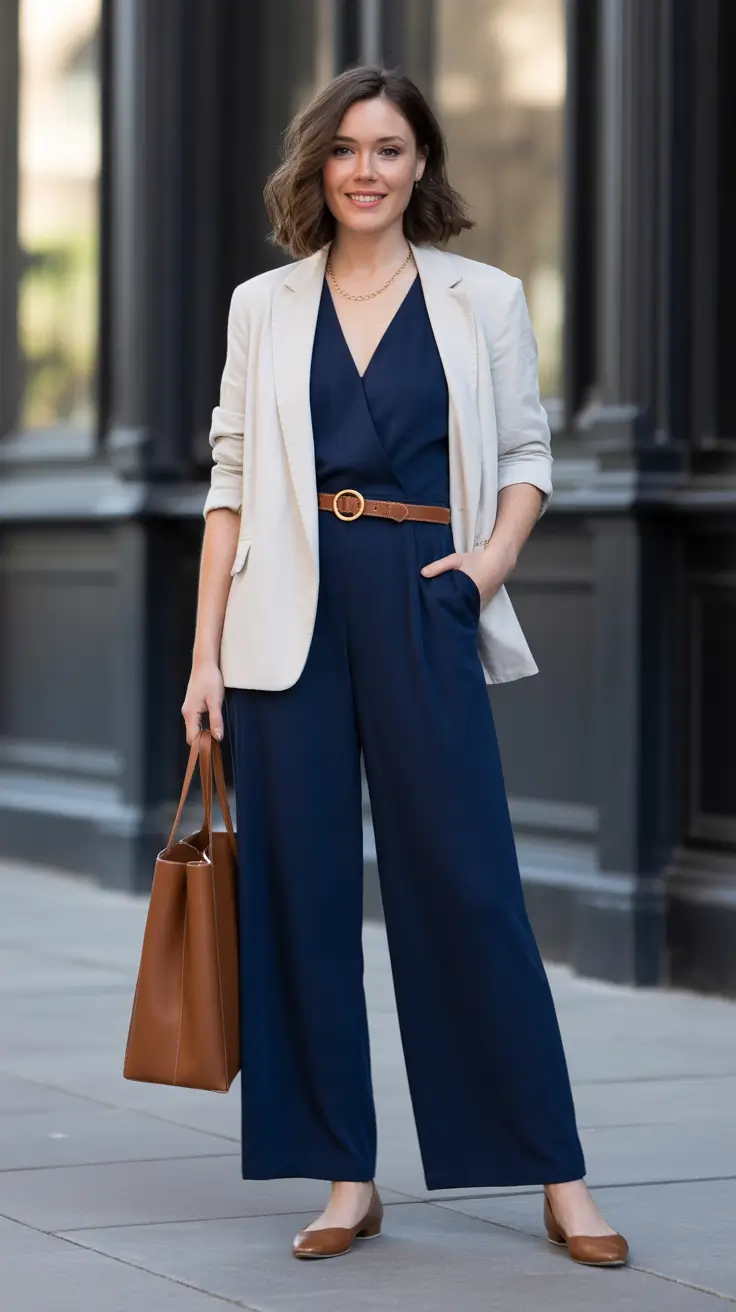 office spring workwear 2026 - Navy Jumpsuit With A Light Blazer For Easy One-And-Done Style