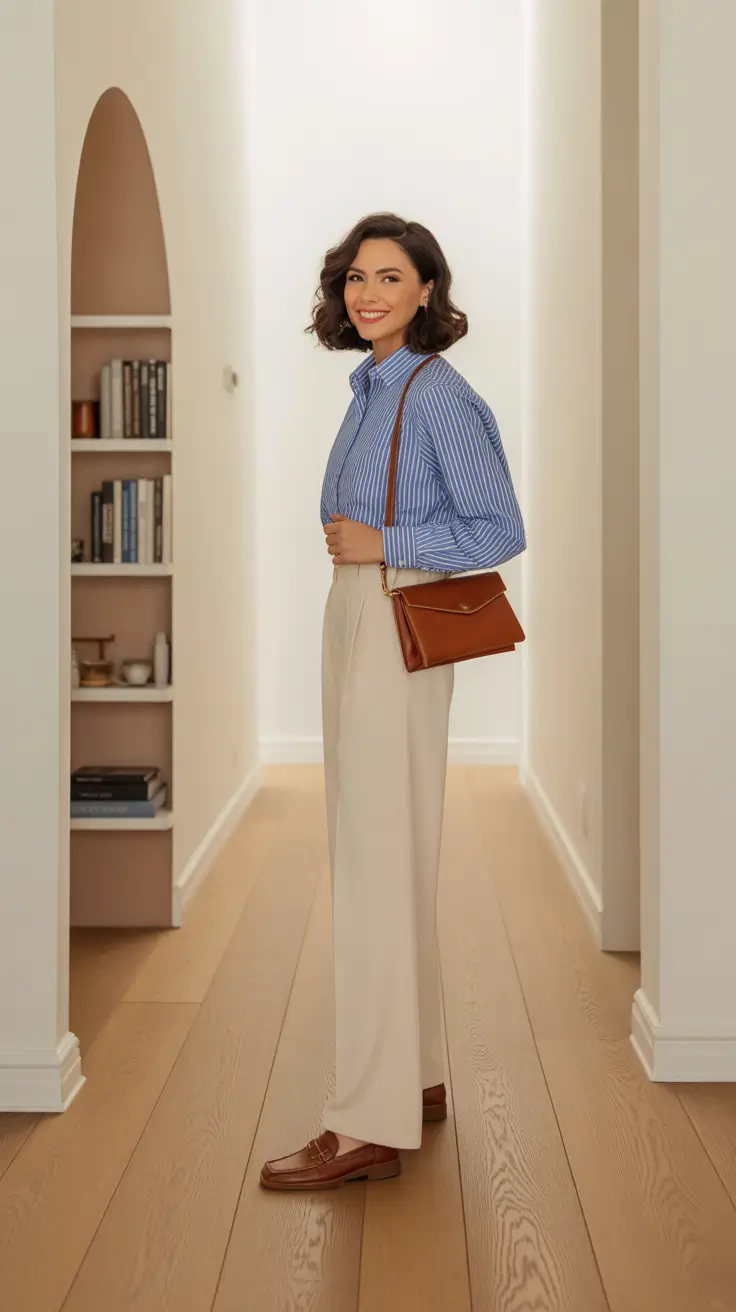 office spring workwear 2026 - Blue Stripe Shirt And Cream Trousers For Quiet Spring Polish