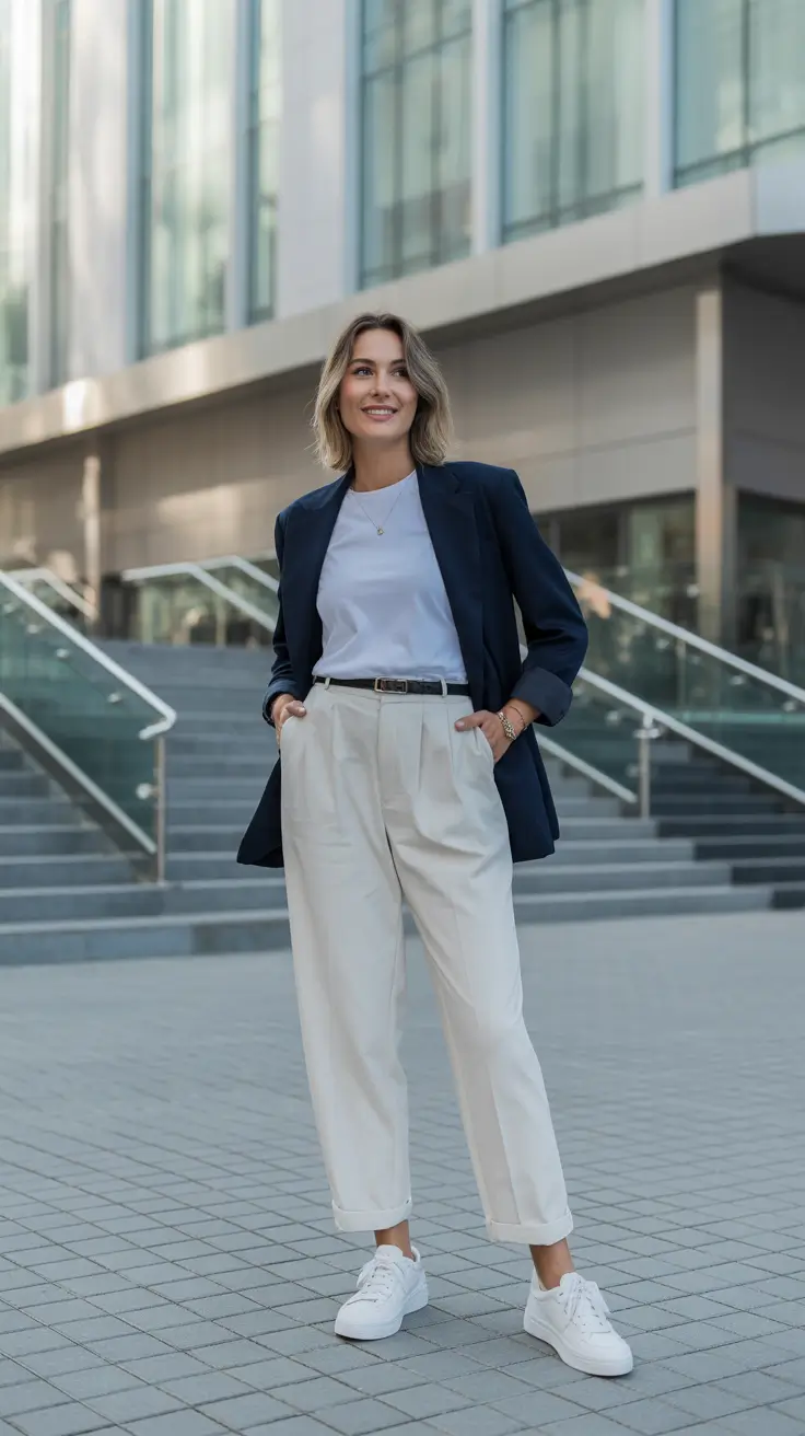 office spring workwear 2026 - Navy Blazer And Sneakers For A Modern Office Walk To Coffee