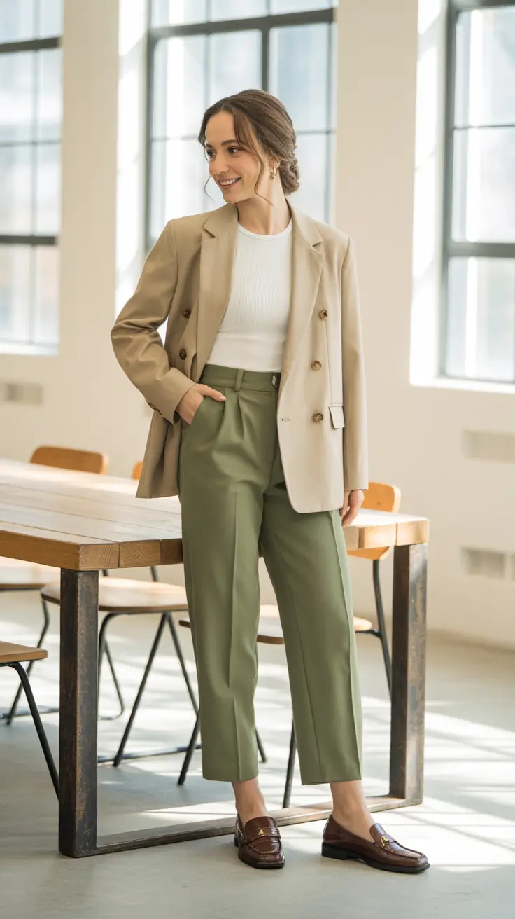 office spring workwear 2026 - Beige Blazer And Olive Pants For Soft Neutral Confidence