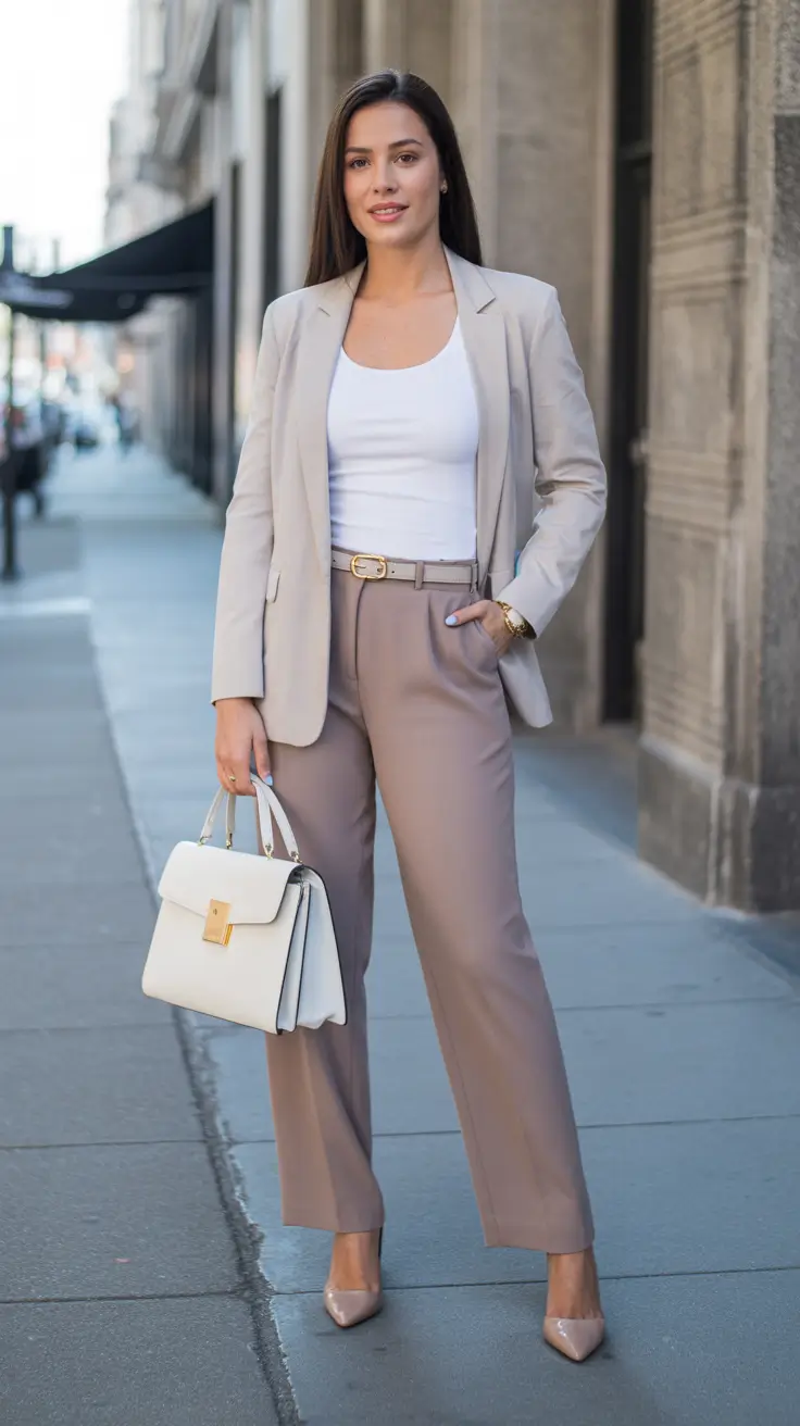office spring workwear 2026 - Stone Blazer And Taupe Trousers For Clean Downtown Elegance