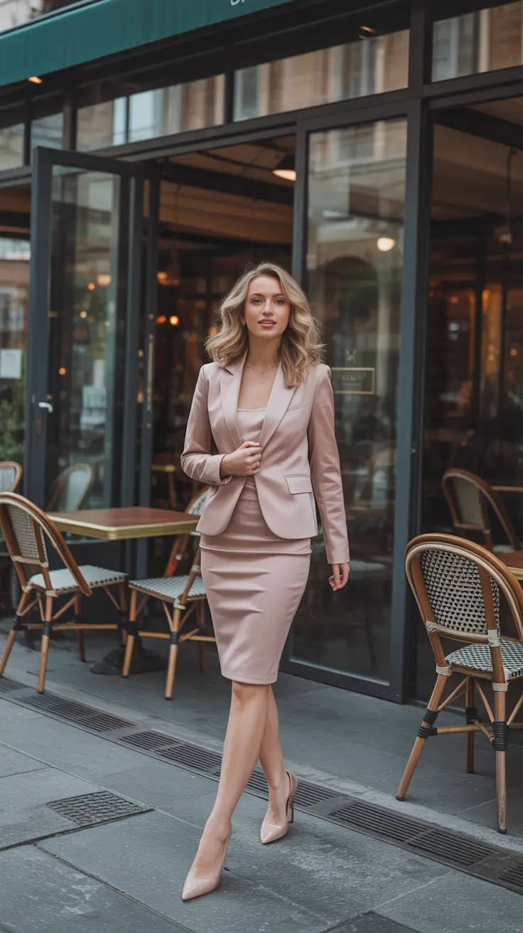 office spring workwear 2026 - Blush Skirt Suit With Clean Minimal Lines