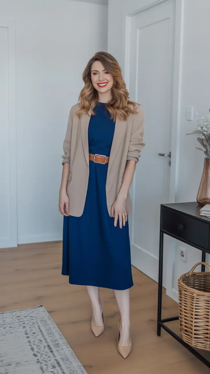 office spring workwear 2026 - Navy Midi Dress With A Beige Blazer And Waist Belt