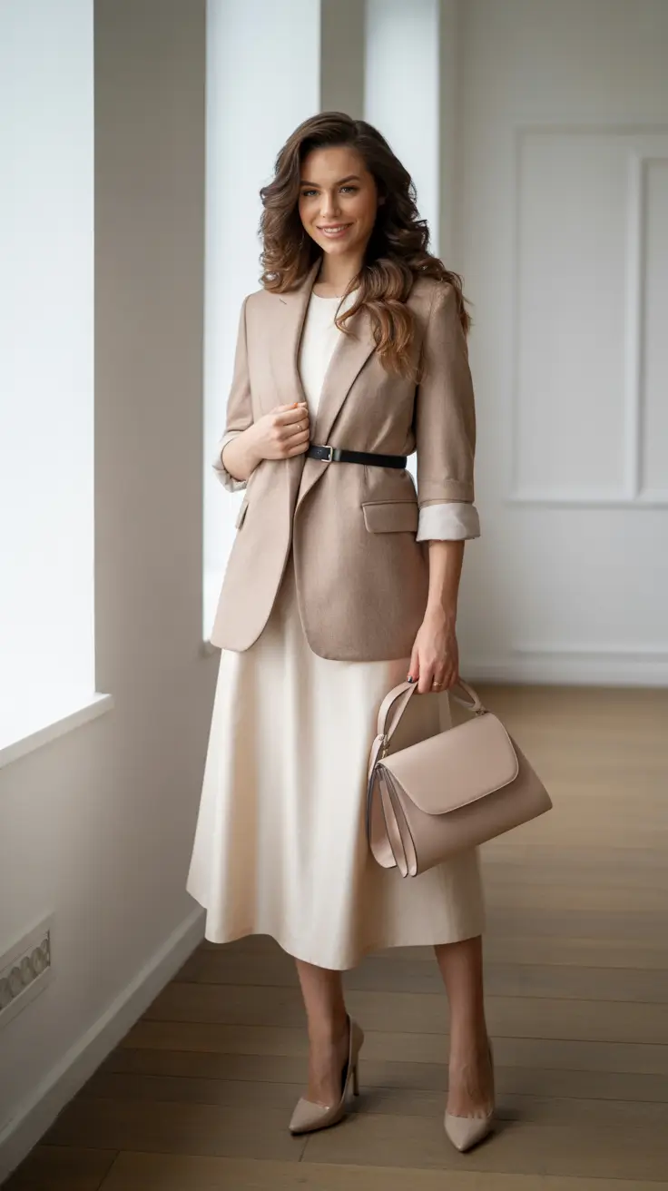 office spring workwear 2026 - Cream Midi Dress With A Belted Taupe Blazer