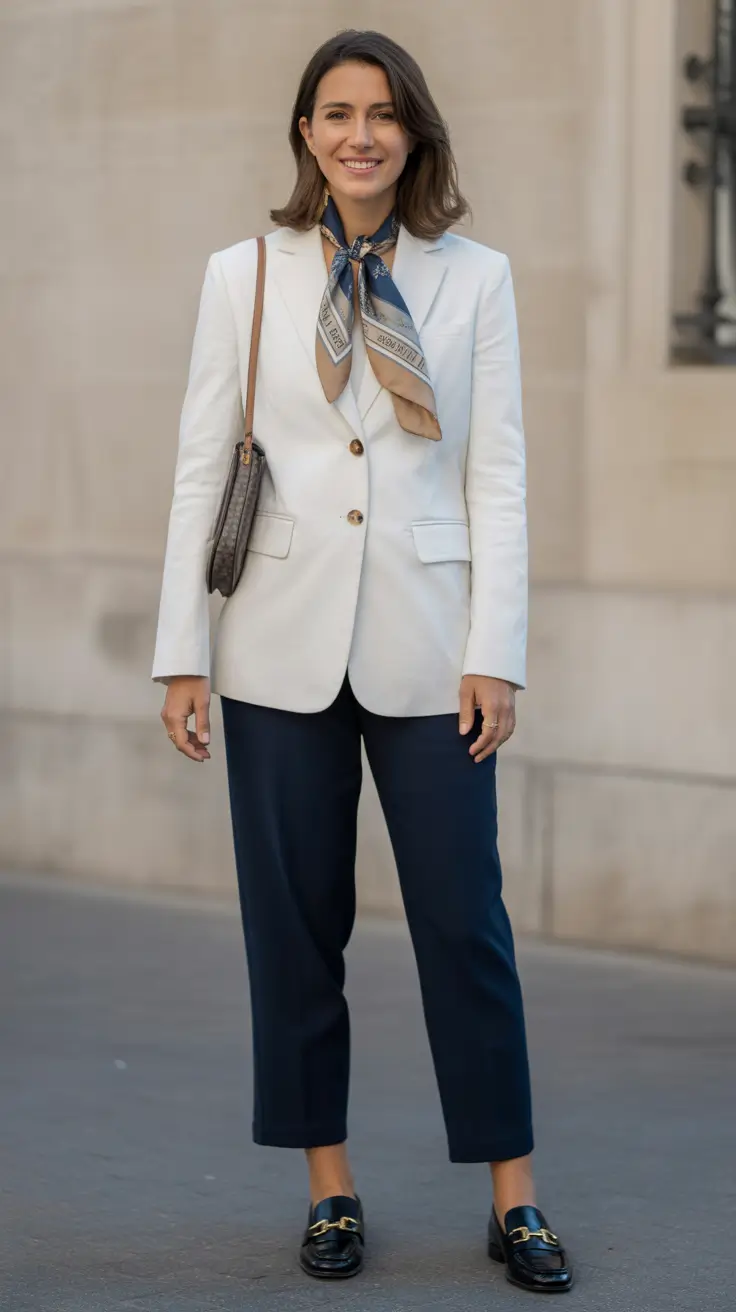 office spring workwear 2026 - White Blazer With Navy Trousers And A Silk Scarf