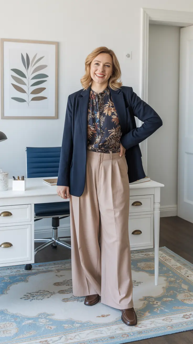 office spring workwear 2026 - Navy Blazer And Neutral Wide Leg Pants For A Reliable Office Uniform