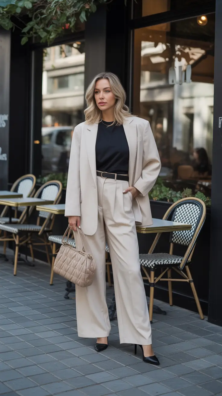 office spring workwear 2026 - Beige Suit With A Black Base For Instant Polish