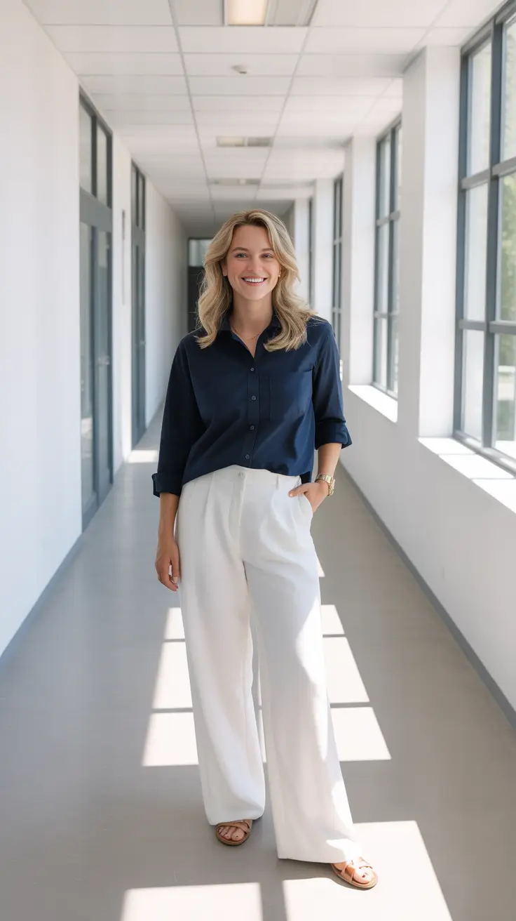 office spring workwear 2026 - Navy Shirt And White Trousers For Bright, Clean Energy