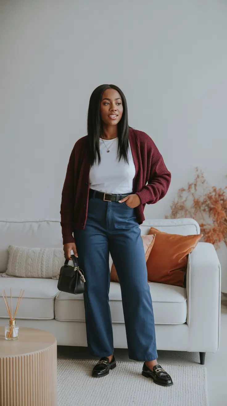 Stylish outfits for Black women 2026 - Burgundy Cardigan And Tailored Trousers For Smart, Easy Work Style
