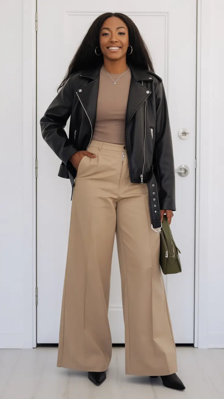 Stylish outfits for Black women 2026 - Soft Power Neutrals With A Moto Jacket Twist