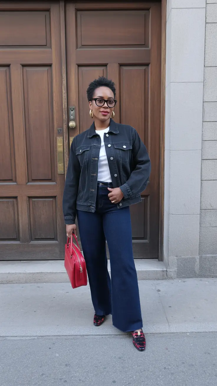 Stylish outfits for Black women 2026 - Dark Denim Set With A Pop-Red Statement Bag
