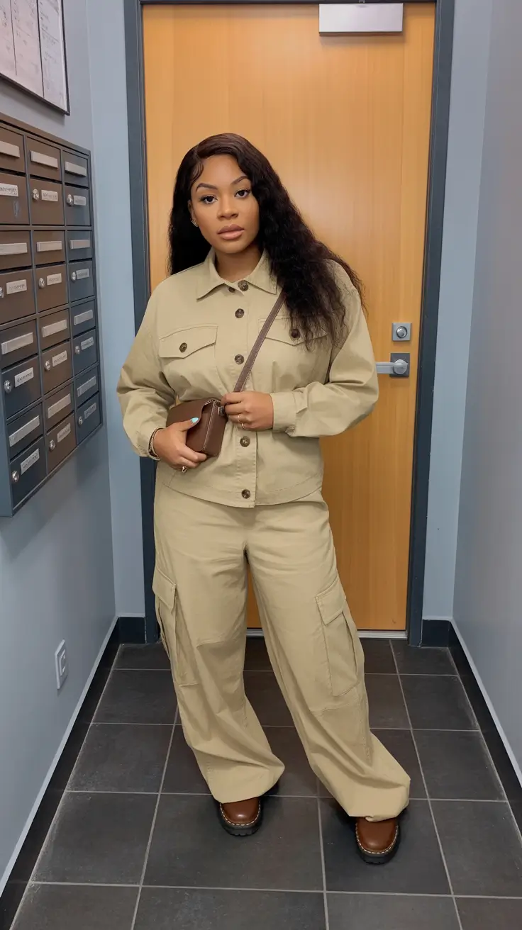 Stylish outfits for Black women 2026 - Sand Utility Set With Coffee-Brown Accessories