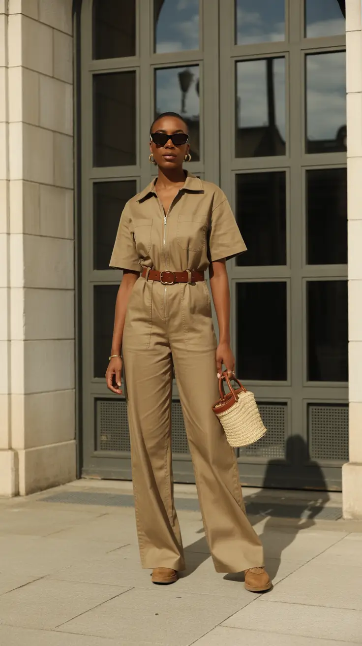 Stylish outfits for Black women 2026 - Khaki Belted Jumpsuit For Sunlit Minimalism