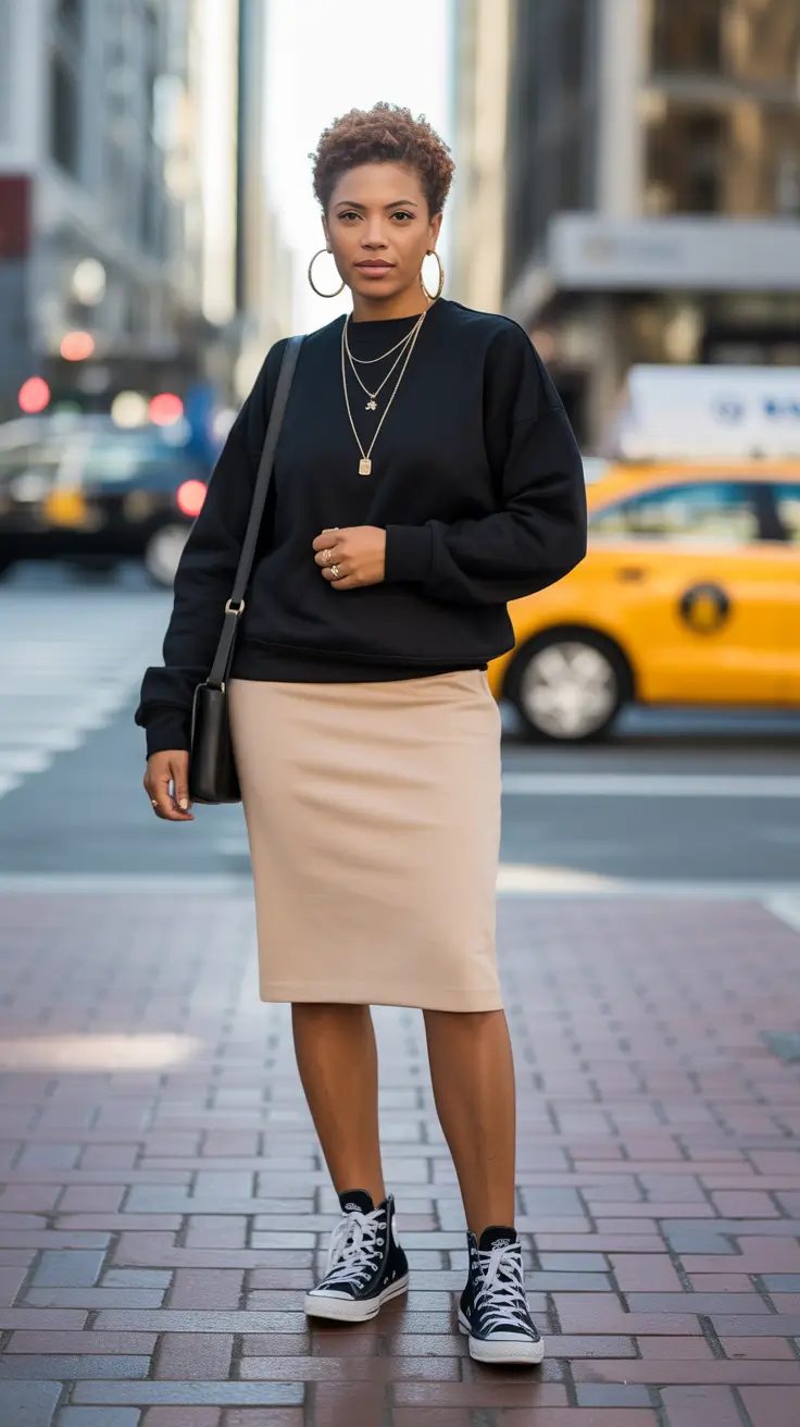 Stylish outfits for Black women 2026 - Soft Pencil Skirt With Sneakers And Downtown Ease