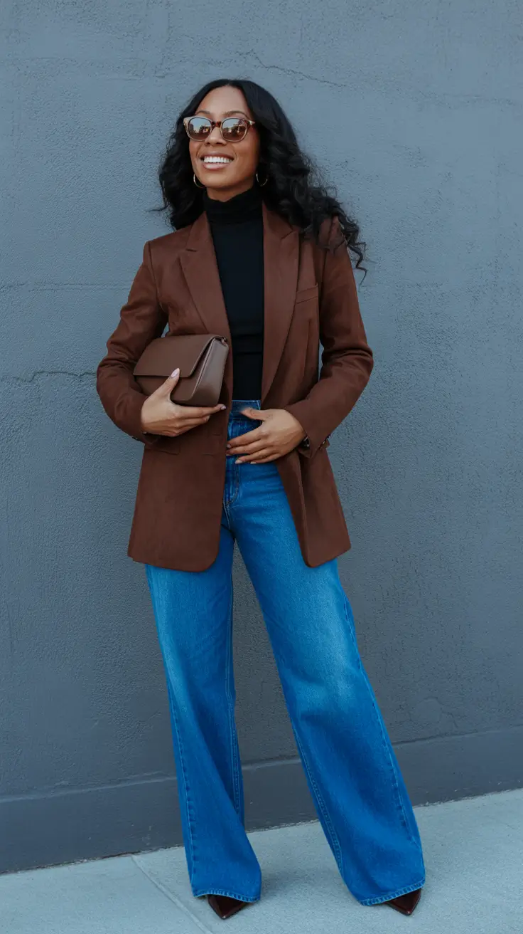 Stylish outfits for Black women 2026 - Chocolate Blazer With Denim And A Sleek Turtleneck