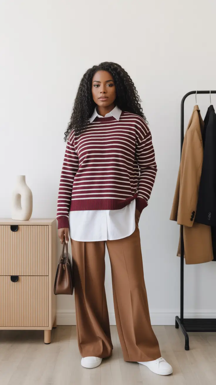 Stylish outfits for Black women 2026 - Preppy Stripes With Wide-Leg Trousers And Clean Sneakers