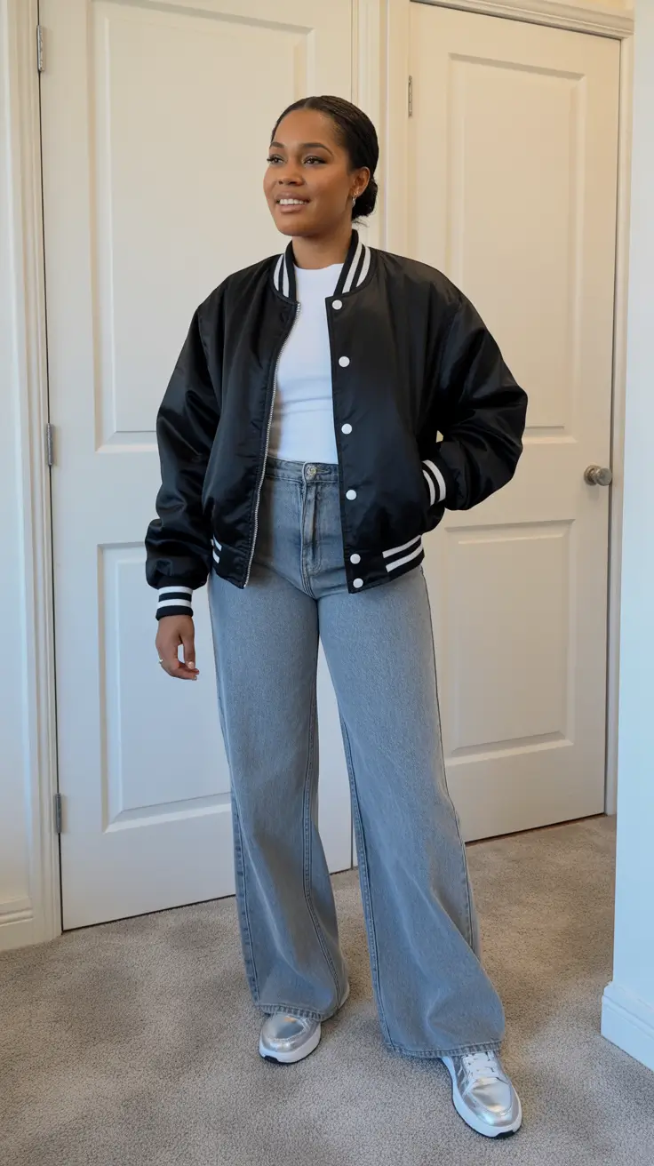 Stylish outfits for Black women 2026 - Sporty Varsity Jacket With Clean Denim Lines