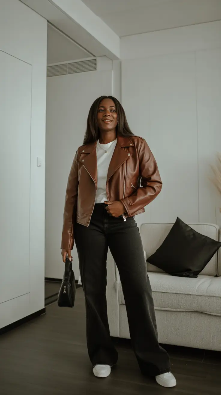 Stylish outfits for Black women 2026 - Chocolate Leather And Black Denim For Cool-Girl Confidence