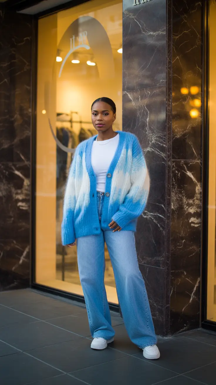 Stylish outfits for Black women 2026 - Blue Ombre Knit And Wide-Leg Denim For Bright-Day Energy