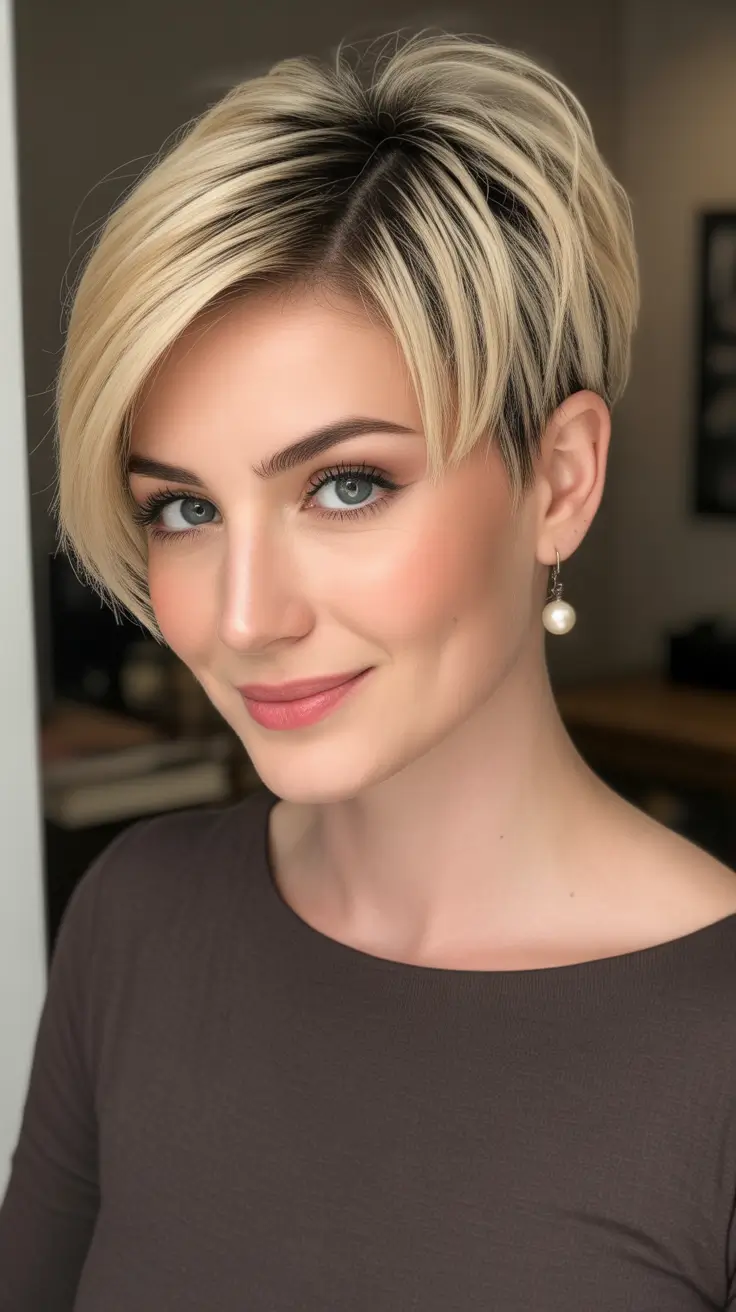 Trendy pixie haircuts 2026 - Dimensional Blonde Pixie With Piecey Bang Energy