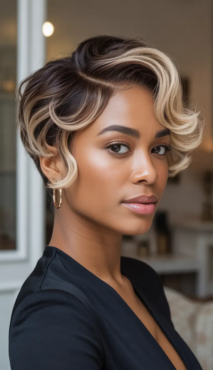 Trendy pixie haircuts 2026 - Honey Blonde Finger Wave Pixie With Sculpted Curls