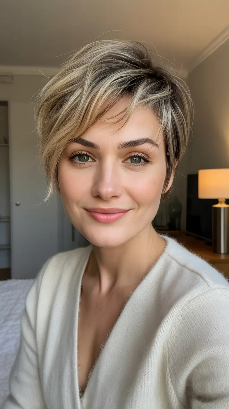Trendy pixie haircuts 2026 - Cozy Feathered Blonde Pixie With Lived In Texture
