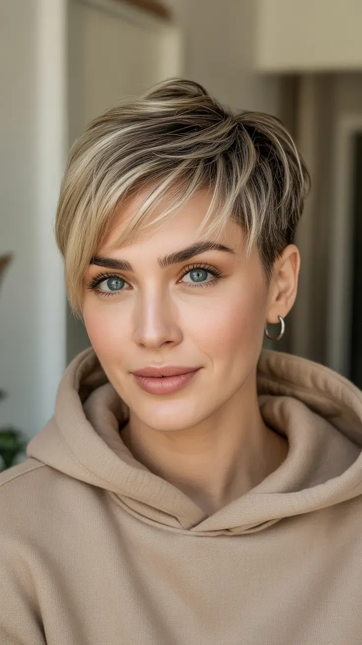 Trendy pixie haircuts 2026 - Rooty Blonde Pixie With Soft Undercut Energy