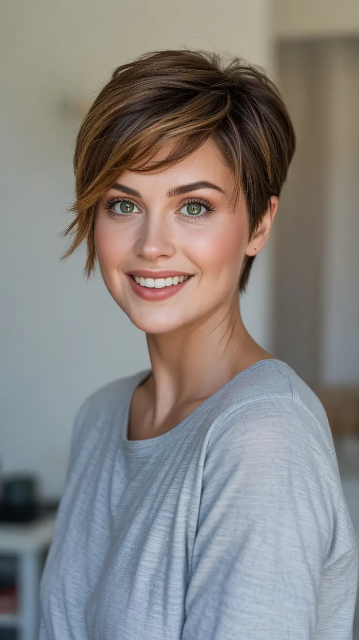 Trendy pixie haircuts 2026 - Caramel-Glazed Brunette Pixie With A Flirty Fringe