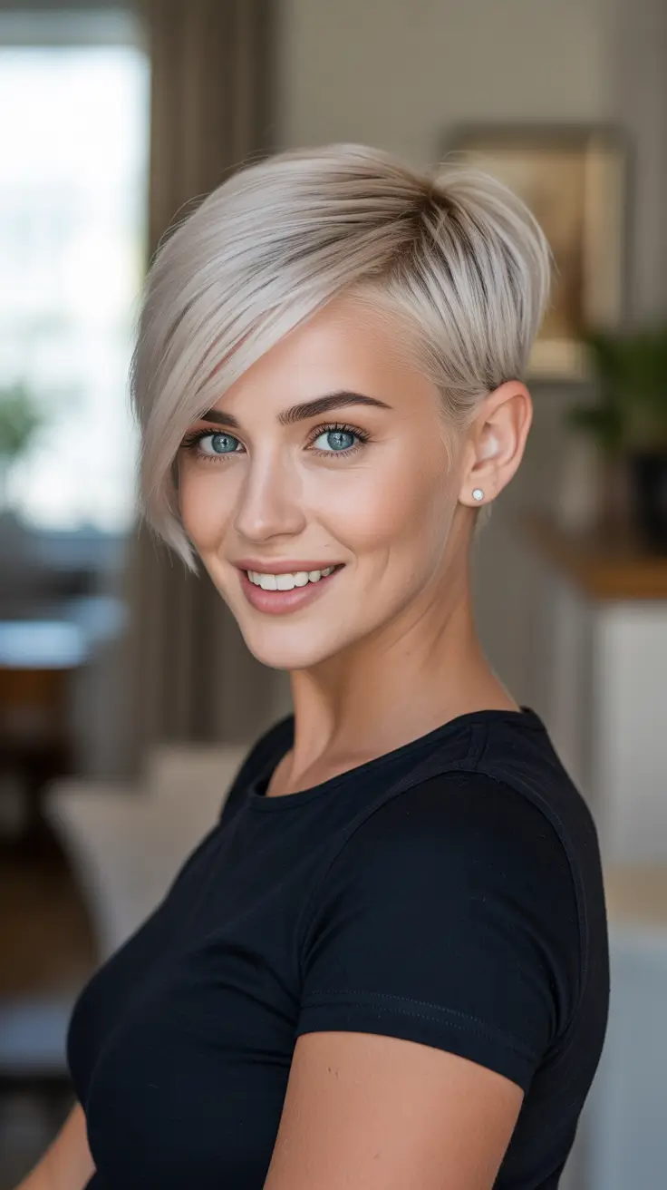 Trendy pixie haircuts 2026 - Icy Silver Side Sweep That Looks Like Instant Confidence