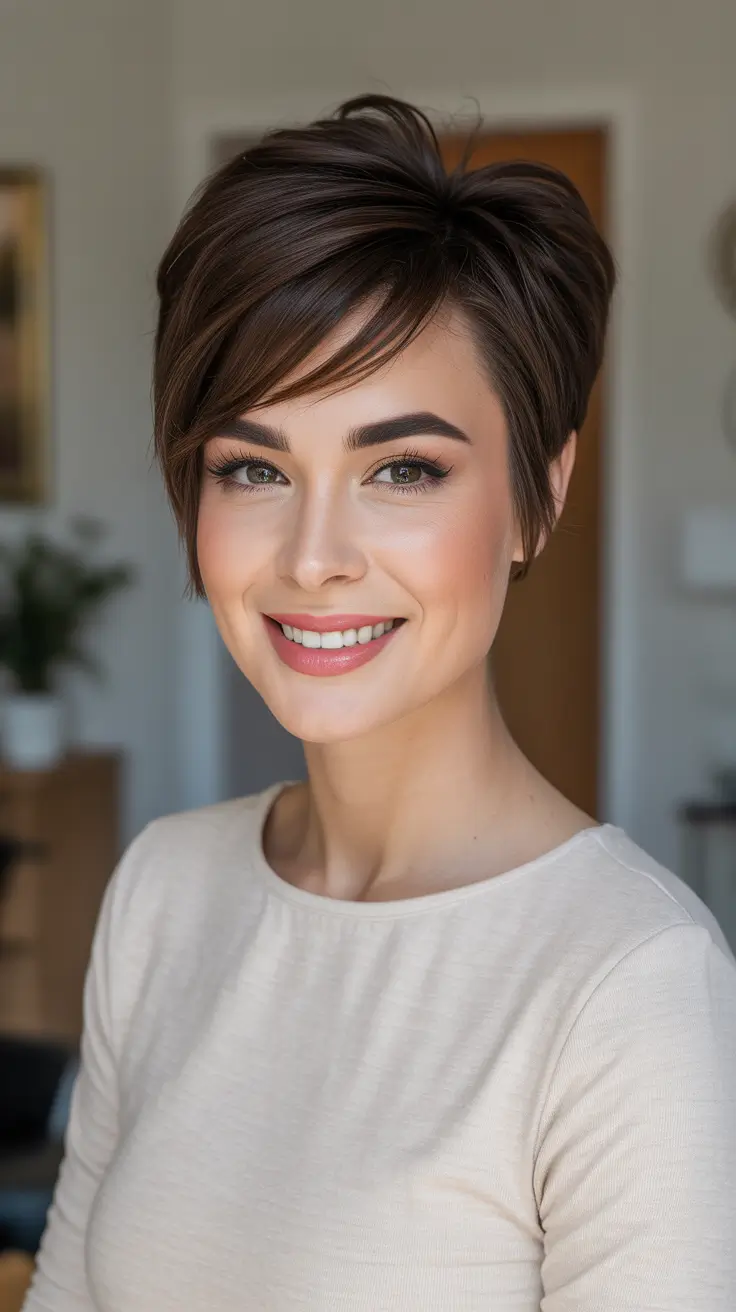Trendy pixie haircuts 2026 - Classic Brunette Pixie With Soft Side Sweep