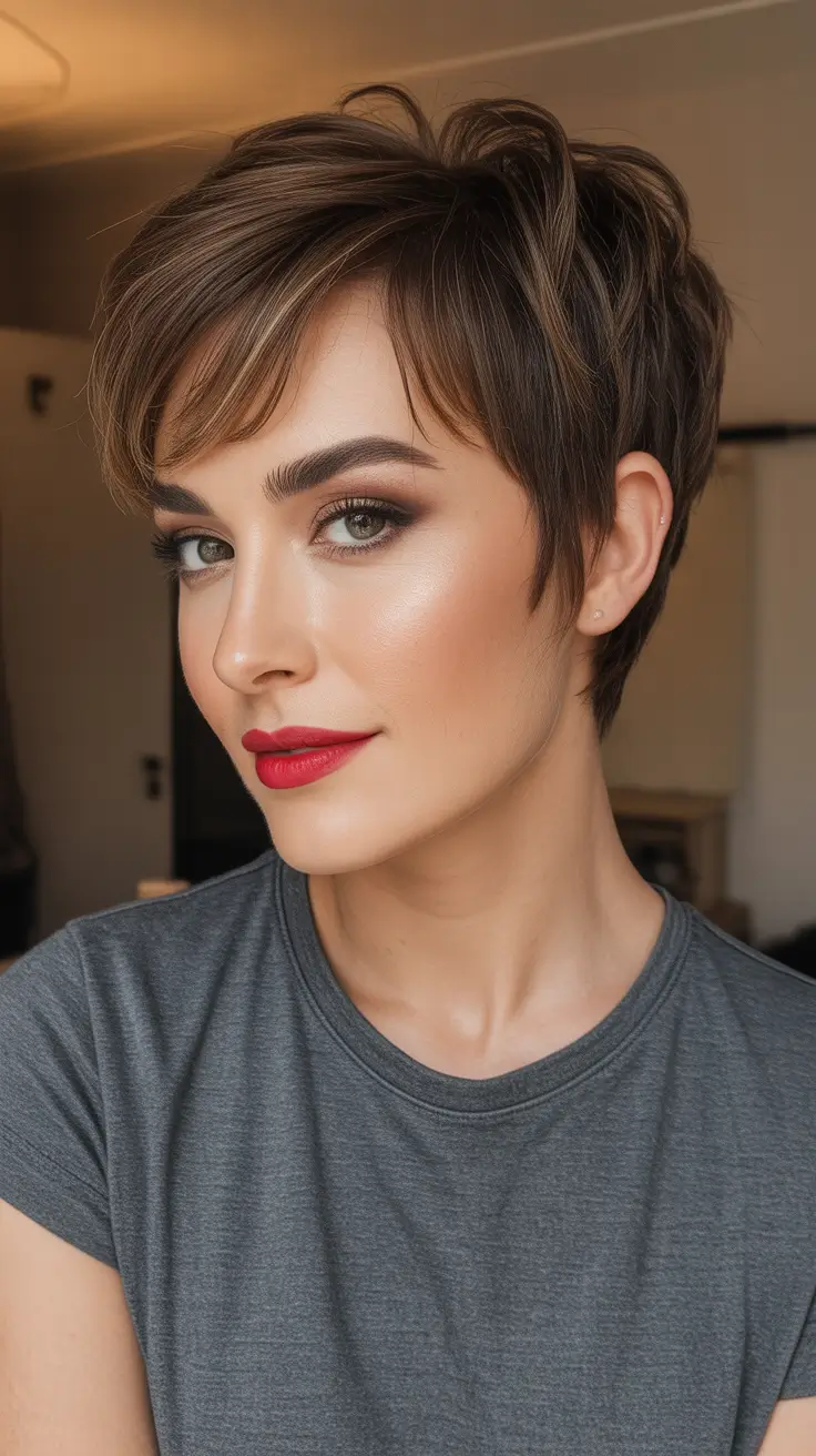 Trendy pixie haircuts 2026 - Textured Brunette Pixie With Warm Highlights And Bold Lip Mood