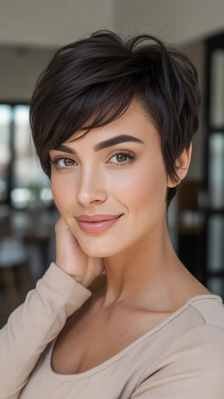 Trendy pixie haircuts 2026 - Soft Brunette Pixie With Classic Side Bangs