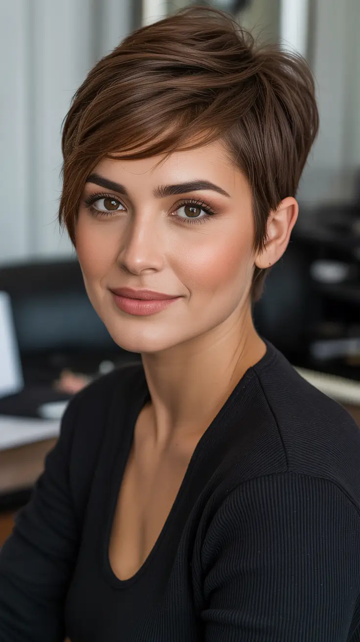 Trendy pixie haircuts 2026 - Warm Chestnut Pixie With Tucked Sides And Easy Movement